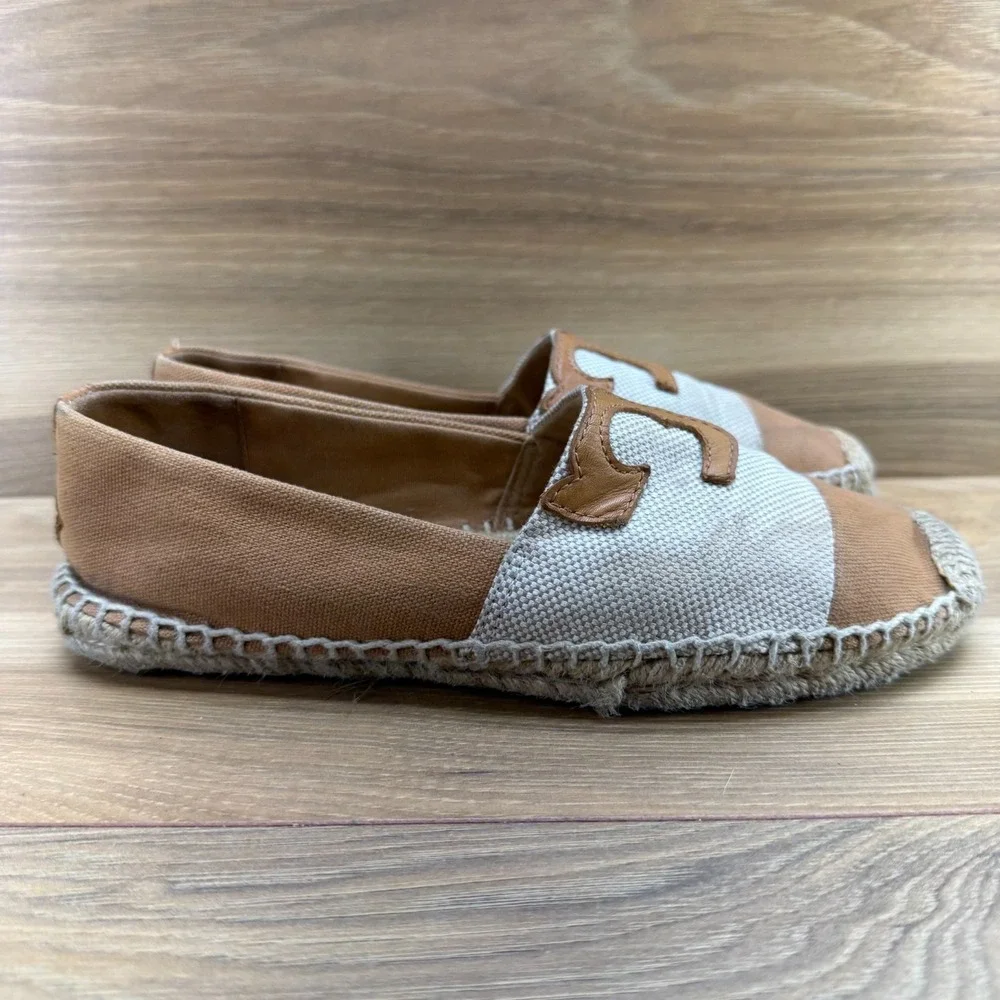 Tory Burch Espadrilles Flats 6.5 Tan Cream Canvas Loafers Vacation Resort Summer